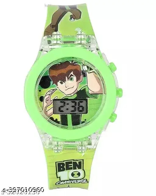 Large watch with cartoon character, blue face, black strap, 24 hour time display
