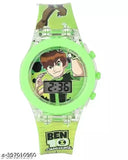 Large watch with cartoon character, blue face, black strap, 24 hour time display