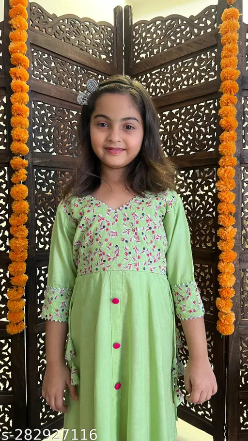 Green Rayon Plazzo with Embroidered Kurti Set for Kids - Comfortable and embellished Indian attire