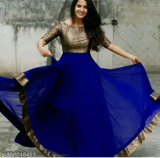 Blue georgette floor-length gown with short sleeves, zari woven pattern. Single piece, available in various sizes from S to 4XL. Made in India