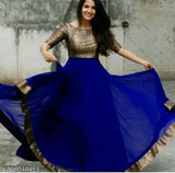 Blue georgette floor-length gown with short sleeves, zari woven pattern. Single piece, available in various sizes from S to 4XL. Made in India