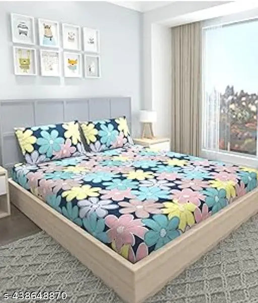 Royal soft floral Elastic Fitted Cotton bedsheet with 2 pillow covers, ideal for summer on a double or king-size bed