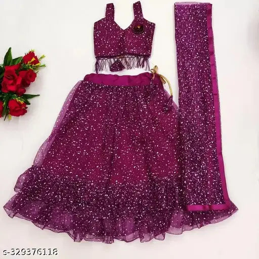 Attractive kids' net marble lehenga choli (2-11 years), Indian handcrafted traditional wear for festivals