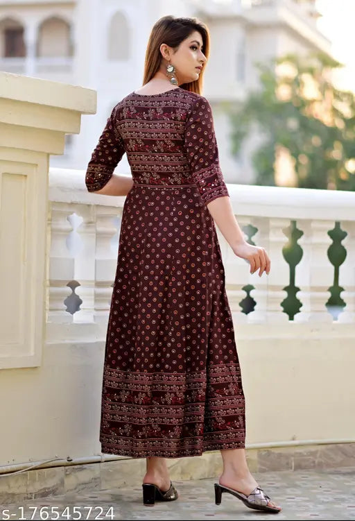 Rayon printed plus size Anarkali kurti, three-quarter sleeves, coffee color