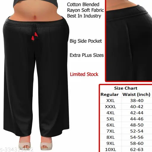 Black rayon palazzo style oversized wide leg pajama pants with big side pocket for plus size women, featuring long length legs, perfect for loungewear and sleepwear. Ethnic look with mom ladies