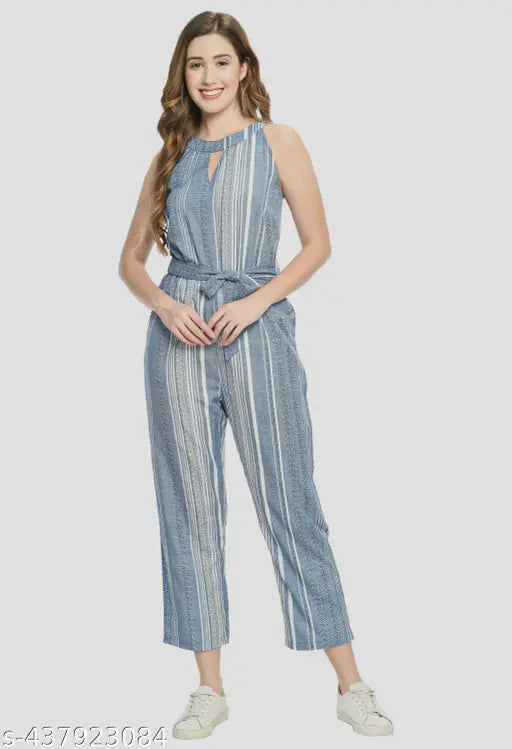 Sky Blue & White Striped women's crepe jumpsuit, sleeveless, keyhole neck, knotted detail - Indian-made fashion essential