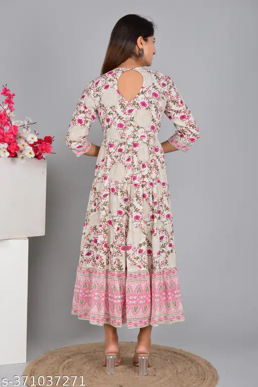AURELISA Women's Rayon Anarkali Floral Print Round Gotta Kurta Pink, three-quarter sleeves Indian fashion for women with detailed floral print design