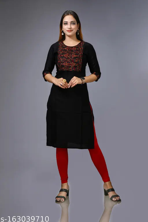 A straight, knee-length kurta with embroidery on black fabric