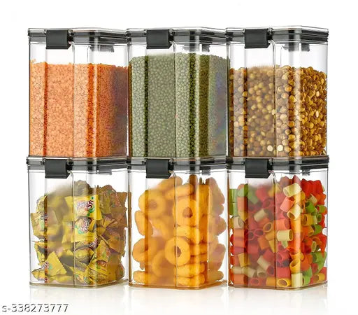 Six DalFood pasta/groceries lock container set, plastic, airtight, in-set compartments, for kitchen storage