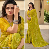 Yellow georgette printed saree with blouse, suitable for daily wear