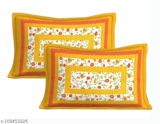 Fine floral cotton bedsheet & pillow cover (160 thread count), yellow Jaipuri design - ideal for summer, perfect for adults