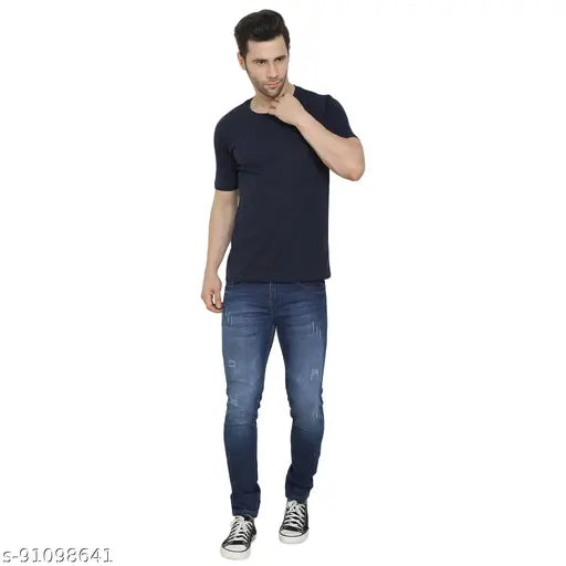 Blue, cotton round neck t-shirt for men, premium bio-washed fabric, antibacterial and odorless