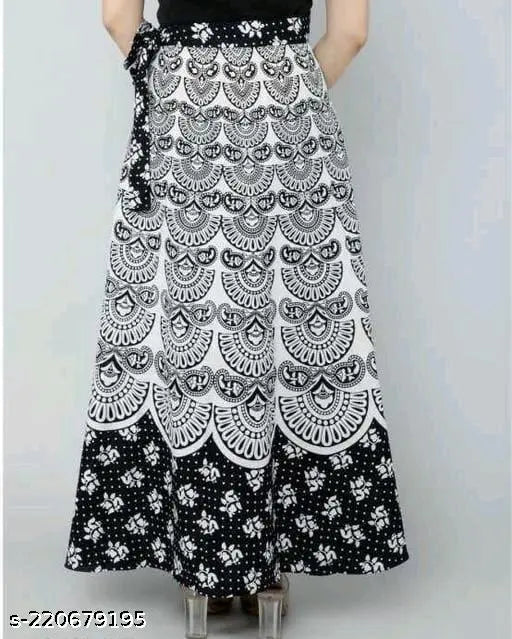 Black and white patterned skirt with flared hem, floor length