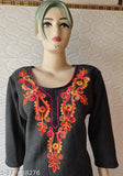 Black woolen aari thread woman's cropped sweater with intricate border design
