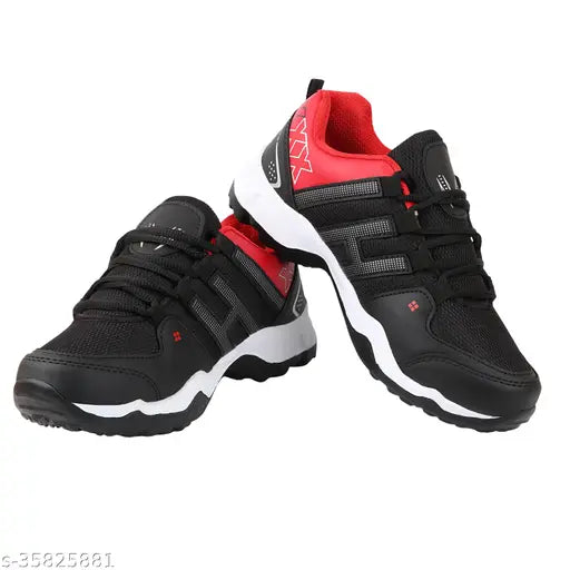 Black and white casual sneakers with red accents