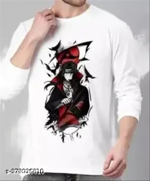 White polyester Itachi anime printed full sleeve t-shirt for men (Size XL) featuring graphic design