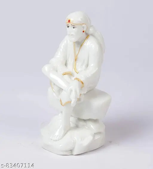 White marble handcrafted Sai Baba Idol, 6 inches tall for Pooja