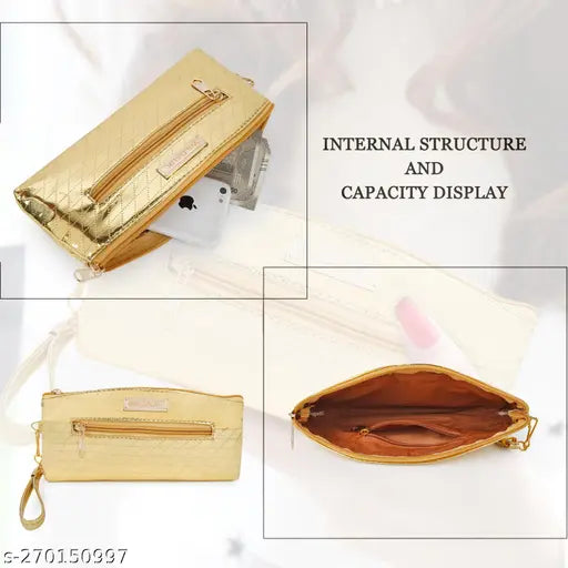 Gold clutch purse with a chain strap and a zip closure