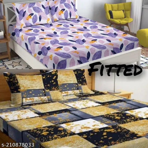 Glace cotton checked double bed sheets, superfine elastic fitted with 2 pillow covers for AC room, ideal for adult anniversary occasions