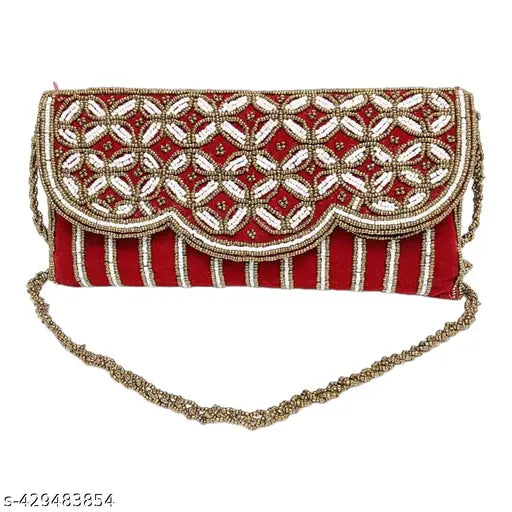 Maroon fabric, beaded designs, small rectangular clutch with long handle