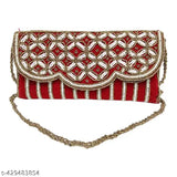 Maroon fabric, beaded designs, small rectangular clutch with long handle
