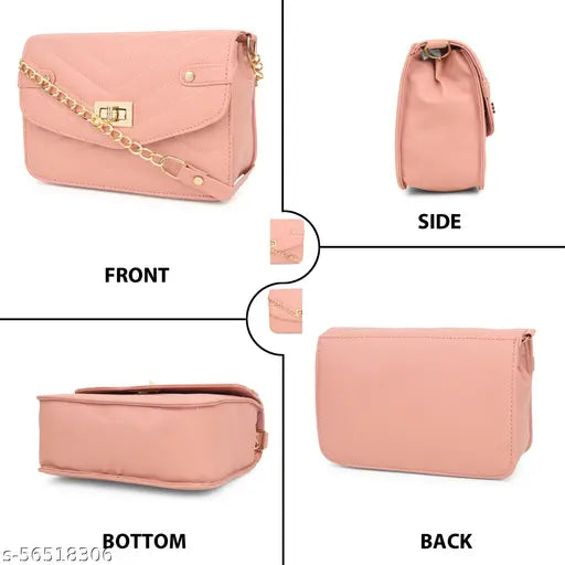Alluring trendy women slingbag, pink leather, gold chain detail, side closure