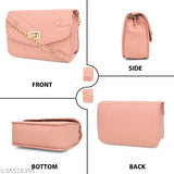 Alluring trendy women slingbag, pink leather, gold chain detail, side closure