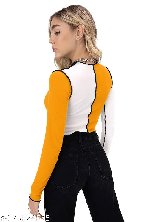Yellow polyester lycra girls/women's full sleeve top with colorblock pattern, attractive round neck and curved hem