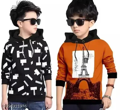 Kids Boys & Girls Hooded Neck Full Sleeves Pure Cotton Regular Fitted Pure Cotton T-Shirt, Pack of 2