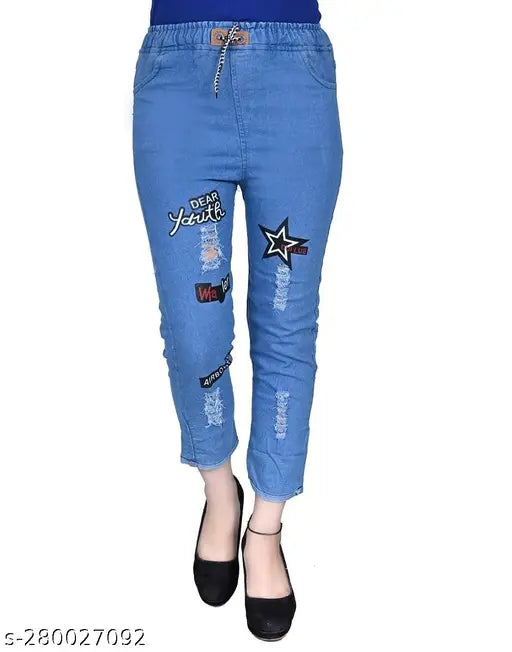 Light Blue Denim Drawstring Printed Jeans for Girls, stylish comfort and versatile style