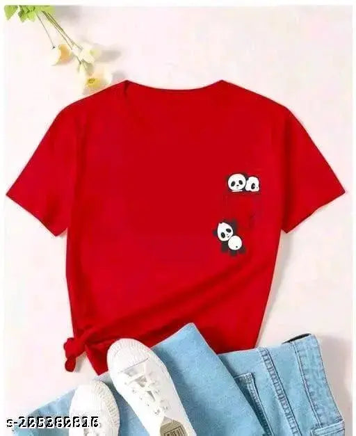 Pocket Panda women's and girls' cotton round neck t-shirt, playful print design on short sleeves, pack of 1 (S-XL), Indian origin