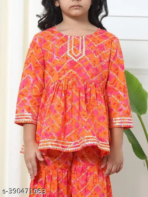 Girls cotton ethnic sharara set, printed anarkali top with three-quarter sleeves, India origin