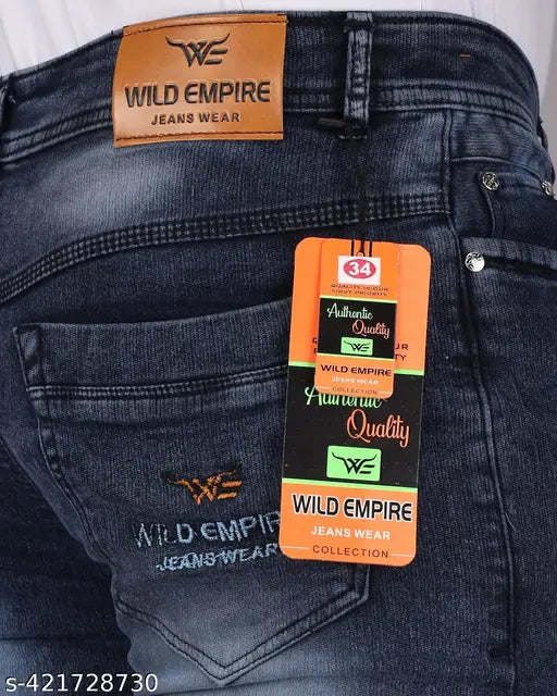 Mens denim stylish jeans Jeera Black, solid denim fabric with wild empire tag, comfortable fit for men. Size 26/28 (Waist 28, Length 40, Hip 36), also available in sizes 30, 32, 34. Made in India