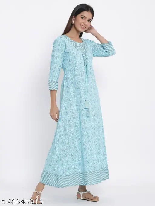 Light Blue Printed Cotton Fabric Anarkali by Kipek - Stylish Indian ethnic wear with three-quarter sleeves, suitable for regular wear and daily outfits