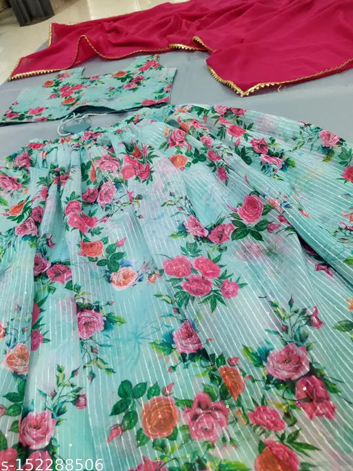Gorgeous handcrafted girls' lehenga choli set in heavy crepe fabric, featuring digital print and embroidery. Versatile for functions, festivals, parties, Navratri, and weddings. Beautiful bright color fashion dream party wear