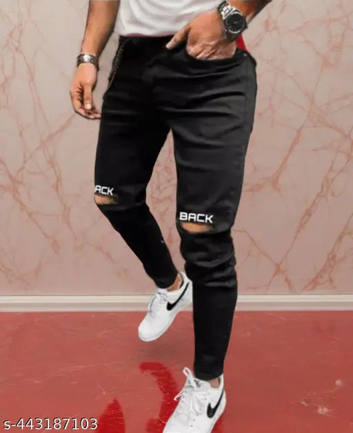 Men's black printed skinny jeans with back pockets and zip fly