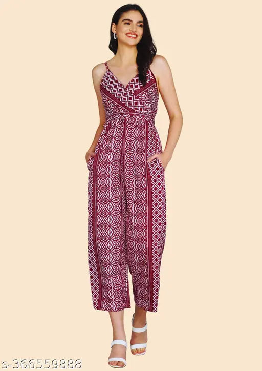 Fancy designer crepe sleeveless jumpsuit with printed cotton, women's XS-XL for day-out style