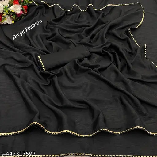 Vichitra Silk party wear saree with separate blouse, solid pattern and satin lace border, free size, Indian origin