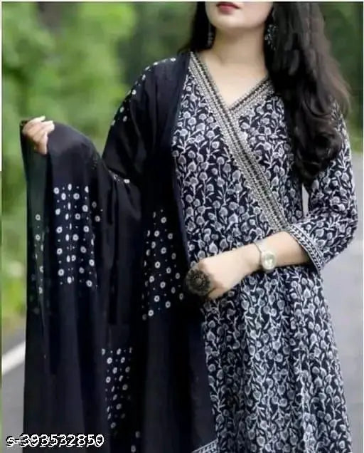 Royal black Anarkali kurta set with palazzos, rayon fabric, three-quarter sleeves, printed net design for women. Indian fashion wear set on mannequin