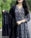 Royal black Anarkali kurta set with palazzos, rayon fabric, three-quarter sleeves, printed net design for women. Indian fashion wear set on mannequin