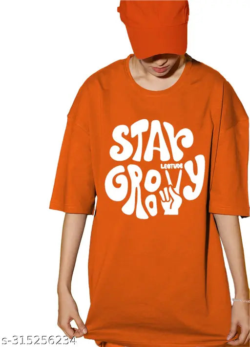 Red cotton round neck oversized t-shirt with trendy feminine print, plus size available