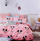 Trendy cotton Mickey Mouse queen size fitted bedsheet, superfine quality for summer adult use, includes 2 pillow covers. Made in India