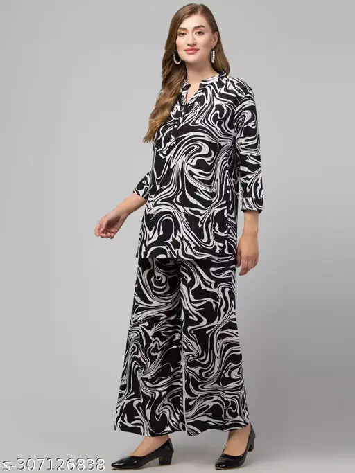 Black & White rayon printed top with palazzo set, three-quarter sleeves, soft lightweight rayon, machine washable, India origin