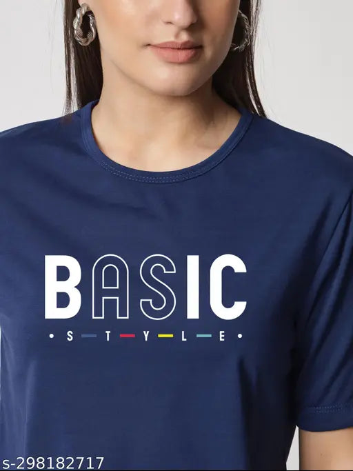 Navy blue graphic print cotton crop t-shirt, short sleeves, pure cotton blend for women