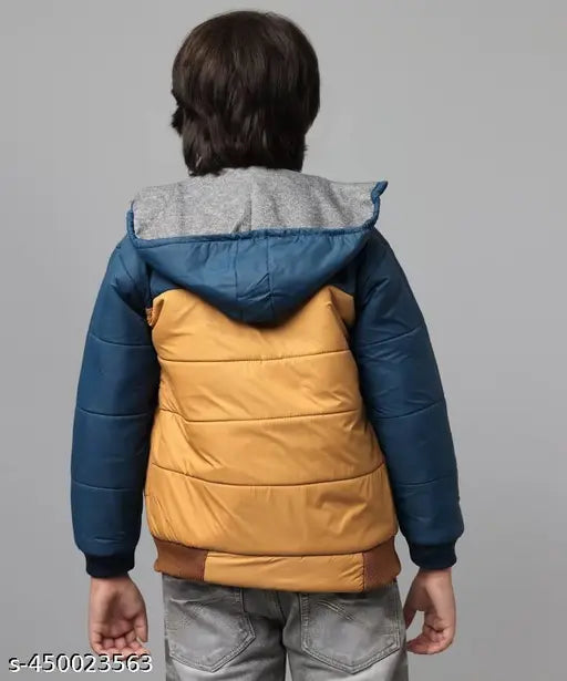 Boys' mustard yellow padded jacket with blue trim and hood