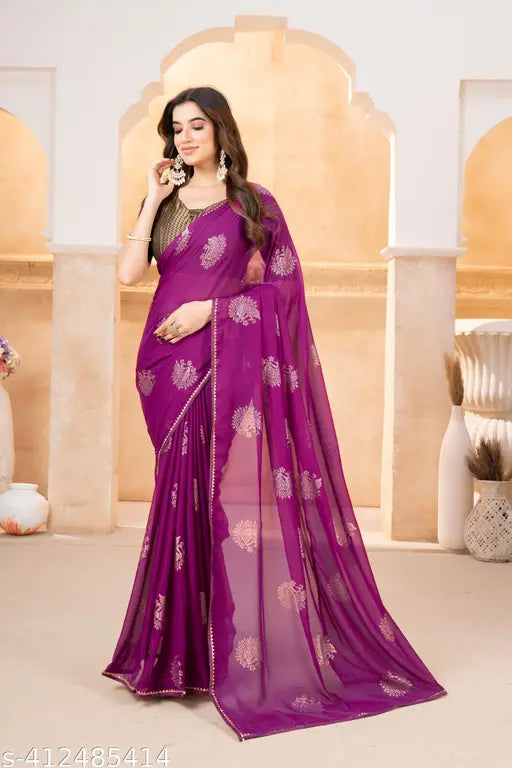 Purple embroidered saree with border, traditional wear