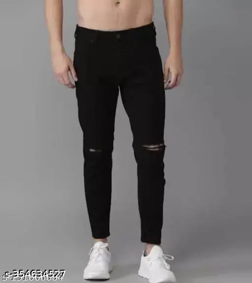 Sleek black denim jeans for men, stylish slash knee design, mid-rise fit - RUSTICBLOOMS