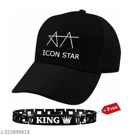 Embroidered cotton baseball cap with adjustable buckle closure, featuring AA Icon star and King Bracelet designs. Suitable for daily wear, outdoor activities, and photography. Onesize (N:2). Stylish accessory for men, women, and boys