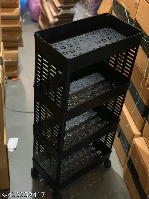 4-tiered kitchen rack with black lattice shelves, suitable for storage of vegetables and fruit