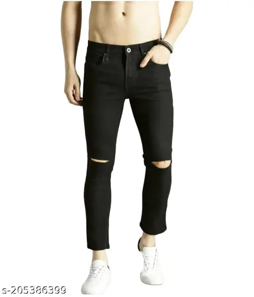 Black polycotton stretch jeans for men and boys with damage knee cut, comfortable Slimfit or Regular fit, suitable for casual or formal occasions. Made in India